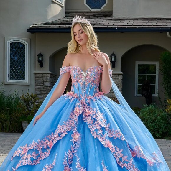 New Layered Bahama Blue Off The Shoulder Quinceanera Gown w/ Lace up Back GL3708 - Picture 4 of 13
